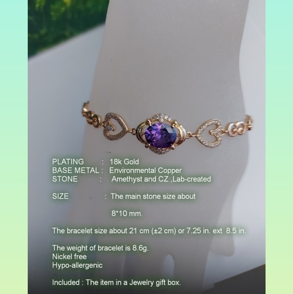 Amethyst Bracelet With CZ ,18k Gold Plated - Picture 5 of 5